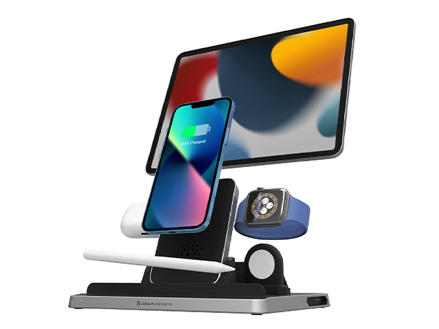 Bu 5'i 1 arada şarj merkezi, tüm favori Apple cihazlarınız için doğrudan bir enerji cıvatasıdır. 1 OMNIA Q5 5'i 1 arada şarj merkezi ile iPhone, Apple Watch, AirPods ve iPad aynı anda şarj ediliyor