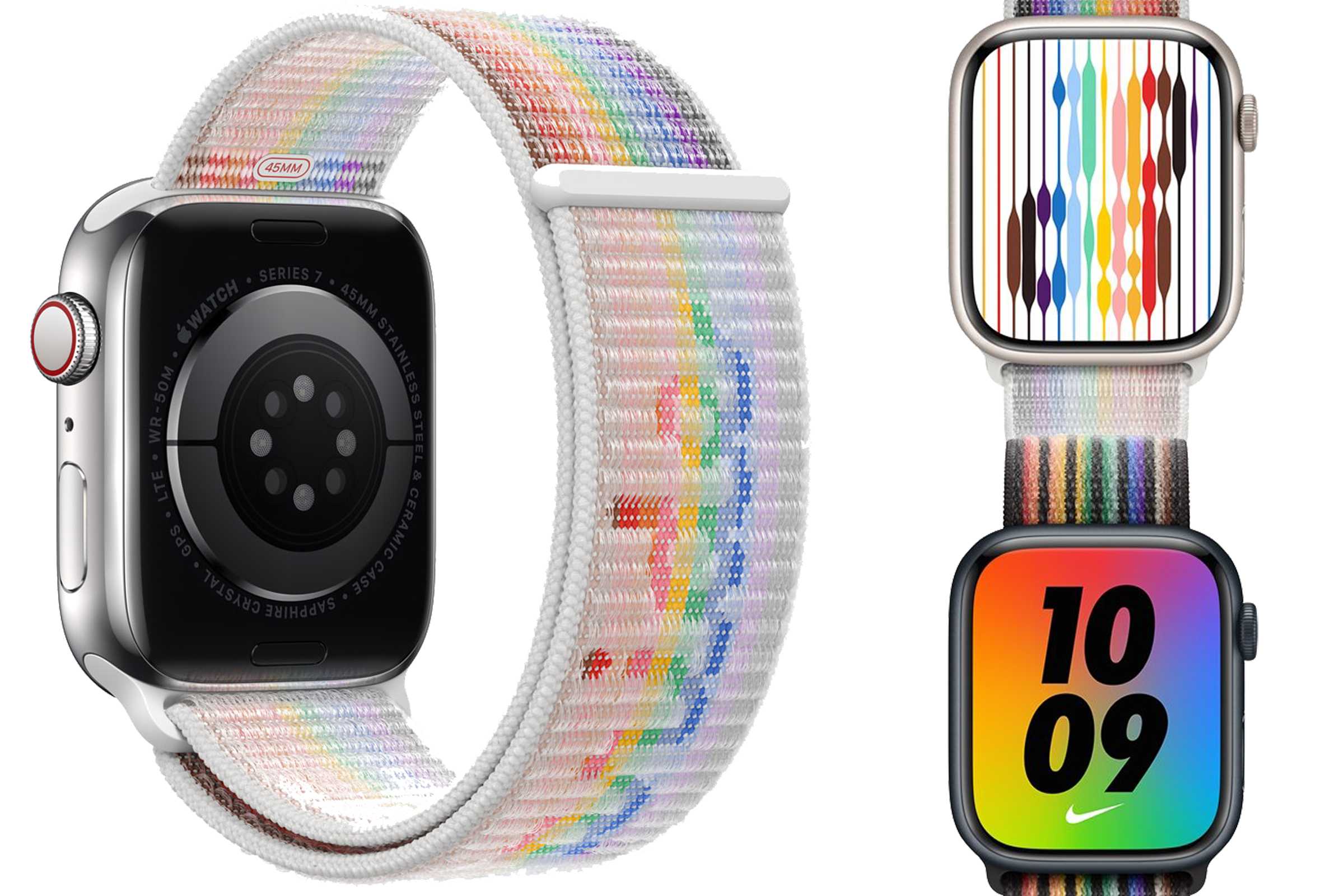 Apple, Onur Ayını iki yeni Apple Watch grubuyla kutluyor 1 Apple Watch Pride Edition Spor Loop kayışının yakından görünümü, gökkuşağı renkleri ve dokuma deseni belirgin şekilde görülüyor