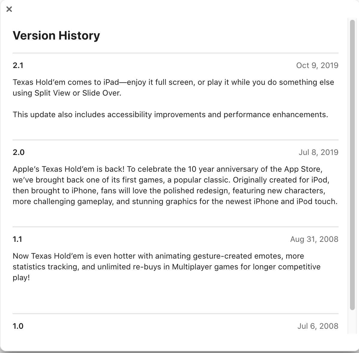 Daha katı App Store kuralları, Apple'ı kendi klasik kart oyununu kaldırmaya zorlayabilir 1 Texas Hold'em App Store sürüm geçmişi ve güncelleme takvimi