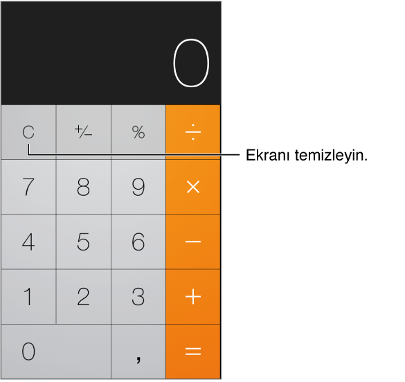 iPhone Hesap Makinesi 1 iPhone Hesap Makinesi uygulamasının standart görünümü, sayısal tuş takımı ve temel işlem düğmeleri.