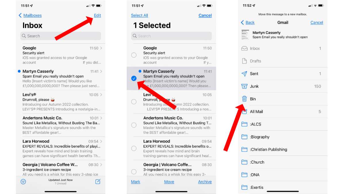 İPhone veya Mac'te açmadan bir e-posta nasıl silinir 1 Düzen menüsü aracılığıyla iPhone'da açılmamış e-postayı silme