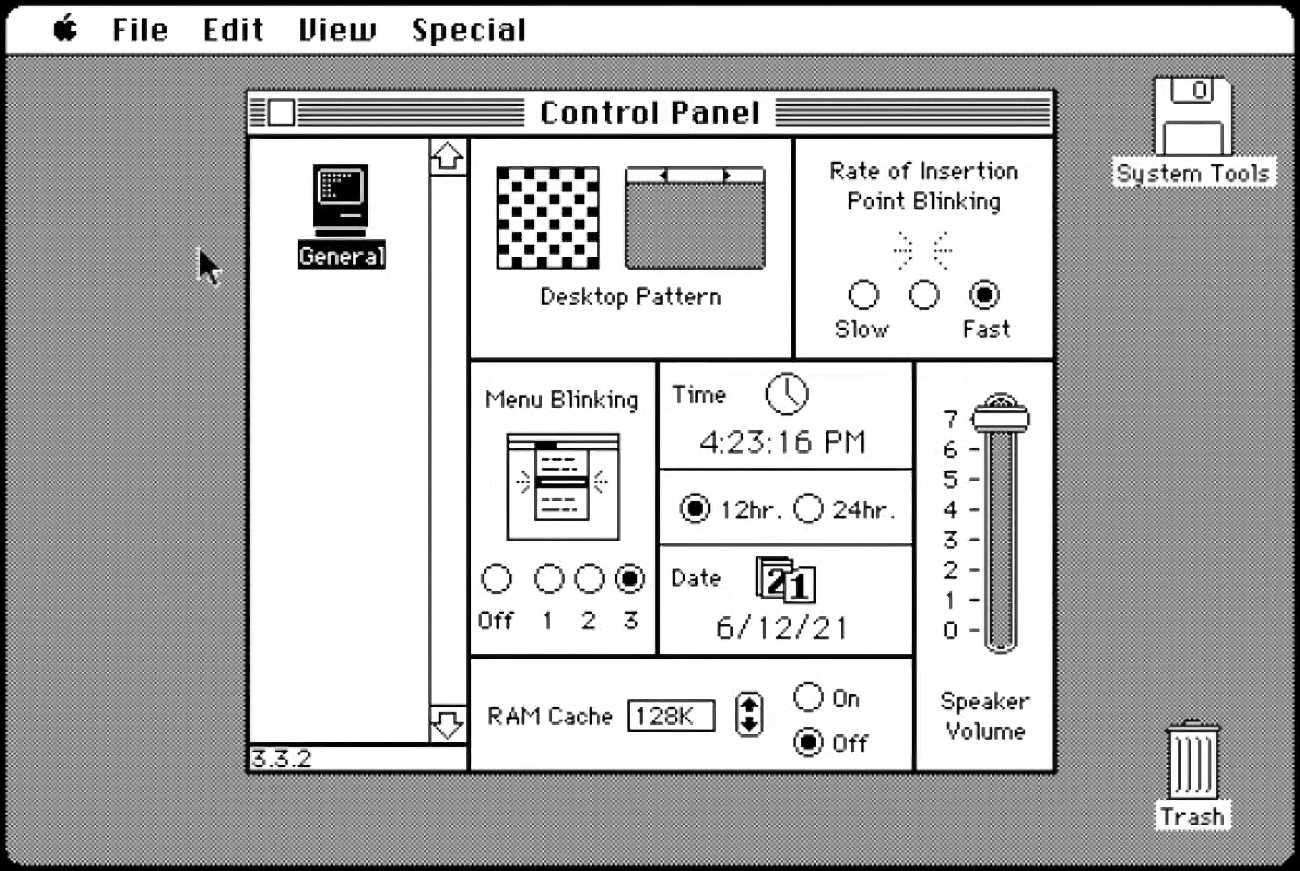 Mac OS tarihinde bir video gezintisi yapın 1 Mac OS 6 Kontrol Paneli arayüzü, eski Mac işletim sistemlerinin nostaljik tasarımını gösteriyor