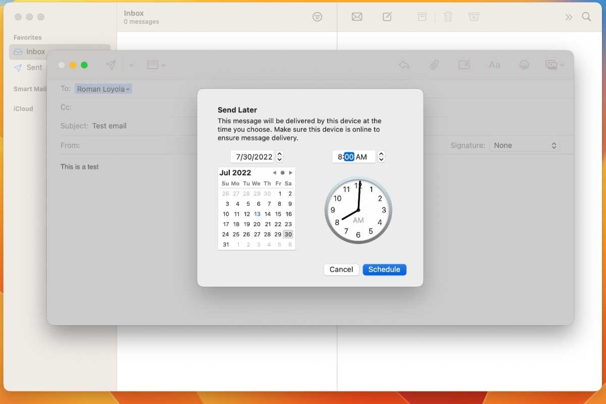 macOS Ventura: Apple Mail'de e-postanın gönderilmesi ve planlanması nasıl yapılır 3 macOS Ventura'nın Postasında, bir e-postanın gerçekten gönderilmesini istediğiniz zaman için belirli bir zaman ayarlayabilirsiniz