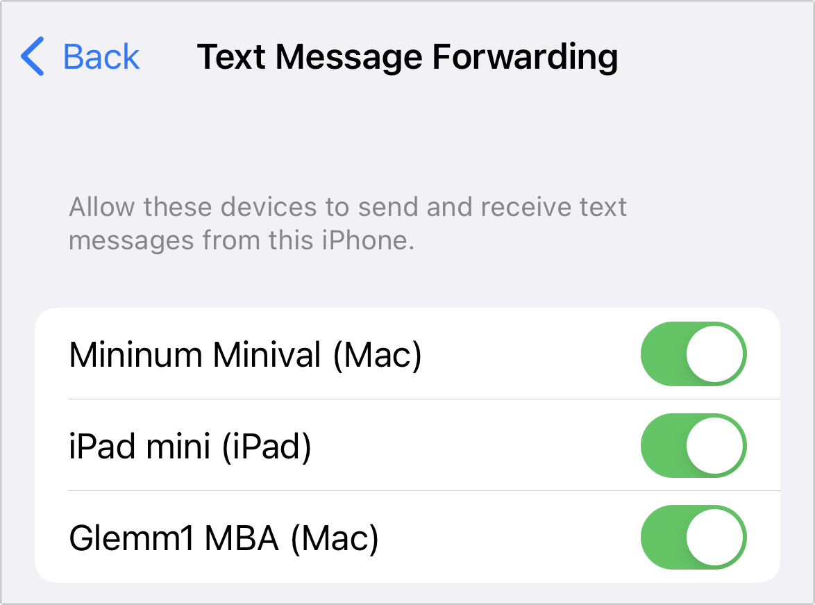 Tüm Apple cihazlarınızda bir telefon numarasına nasıl metin gönderilir? 1 iPhone'da Metin Mesajı İletme ayarlarının ekran görüntüsü